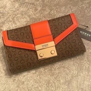 Brand New Guess Brown w/ Orange Detail & Gold Tone Accents Trifold Snap Wallet